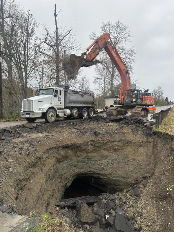 Excavation work at a heavily damaged road