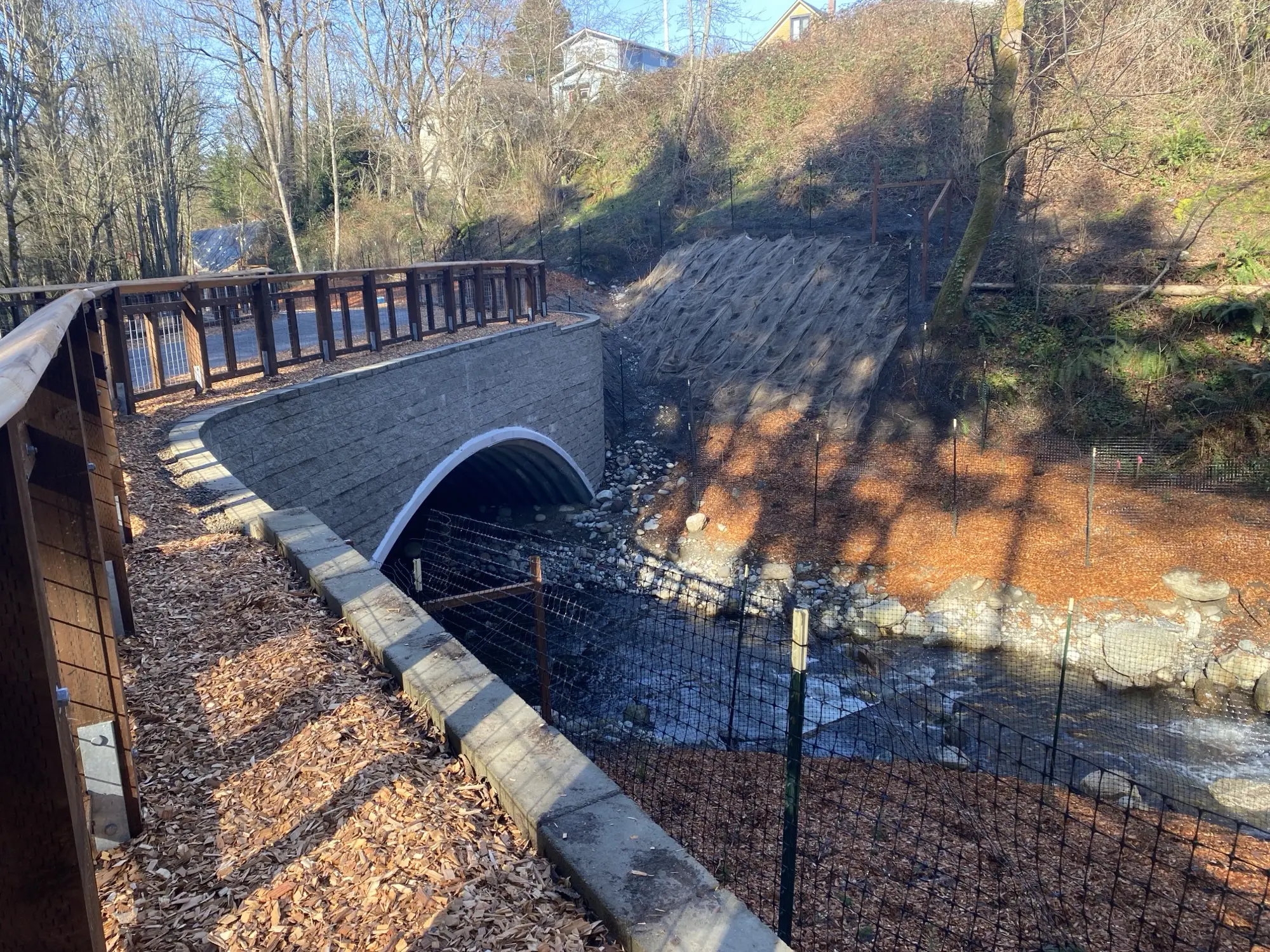Large arch culvert with a creek flowing underneath it and new mulch on the streambanks