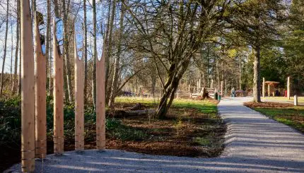 A park trail with public art