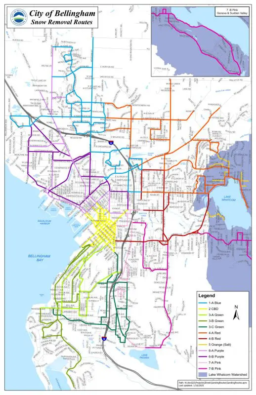 Map with different colored snow removal routes