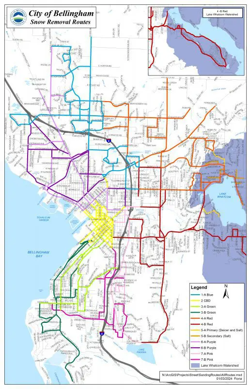 Map of Bellingham showing snow removal routes. Route includes main roads such as all downtown streets, State Street, Lakeway, Yew, Alabama, Meridian, Sunset, Eldridge, and Bakerview.