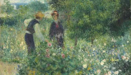 Painting depicts two people admiring flowers in a garden