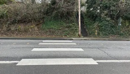 Looking across an empty crosswalk on the road.