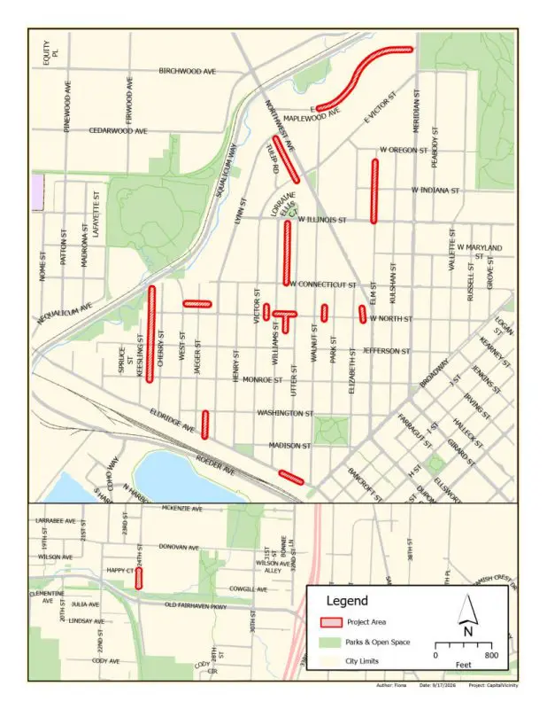 Map showing impacted areas for wastewater line improvements in the Columbia neighborhood and a small section along 24th Street.