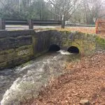 An old culvert consisting of two metal pipes where a creek crosses under a road.