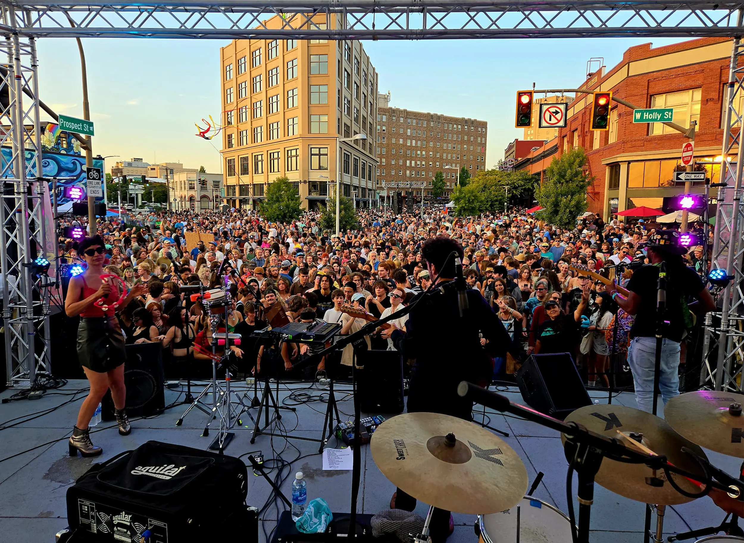 Musicians performing for a large audience