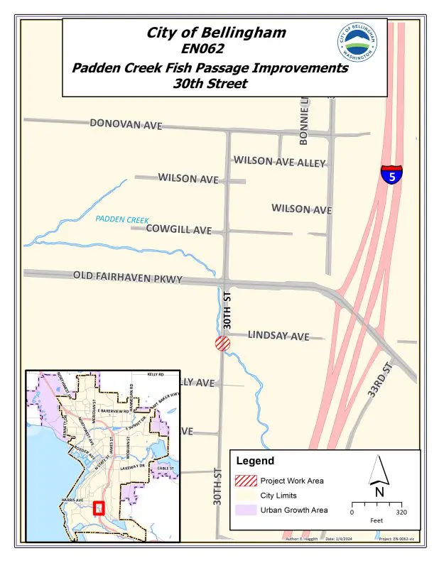 Map showing the location of the Padden Creek at 30th Street Fish Passage Improvement project, which is located on the map where 30th Street crosses over the creek. 