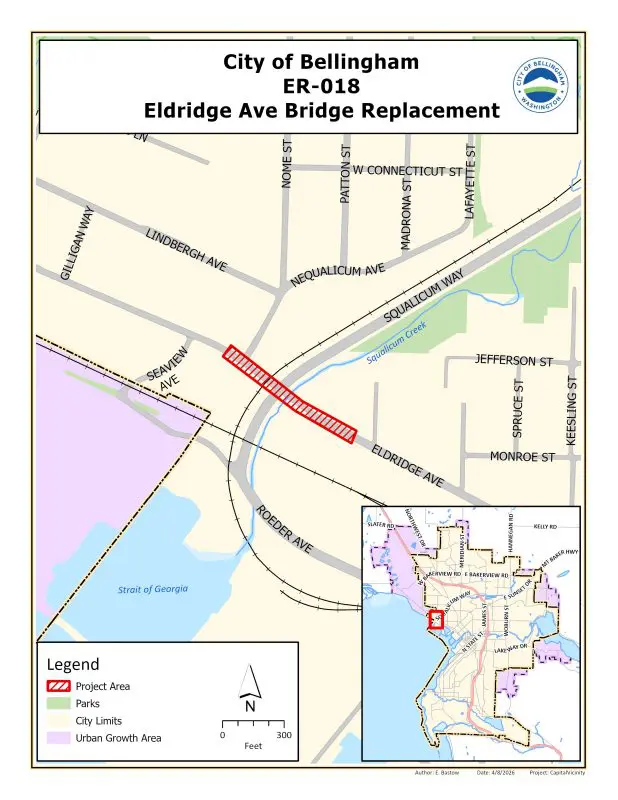 Vicinity Map outlining project boundaries for the Eldridge Avenue Bridge Replacement over Squalicum Creek.