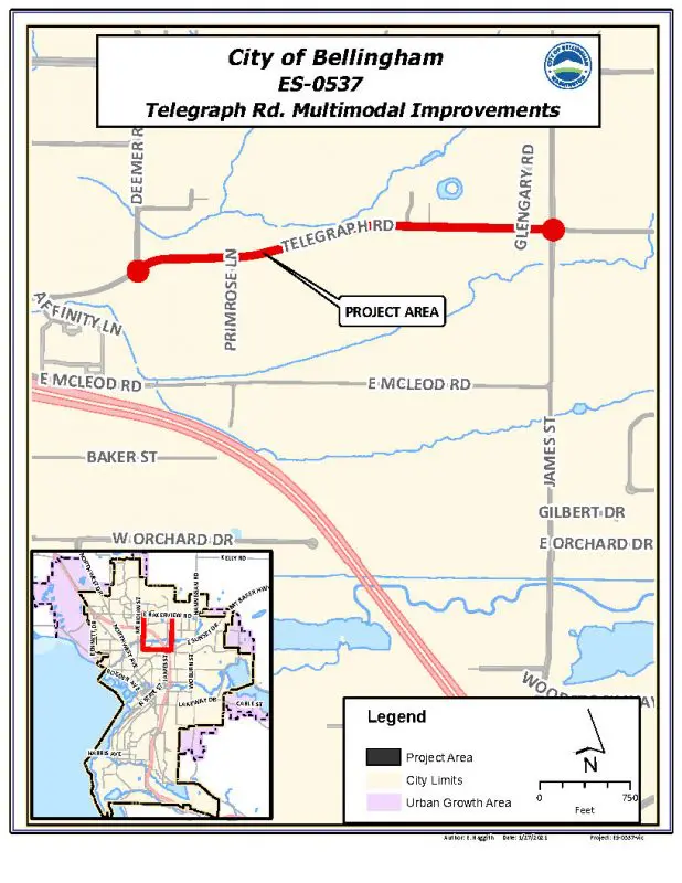 Map highlighting section of Telegraph Road between Deemer Road and James Street. Highlighted section is labeled Project Area.