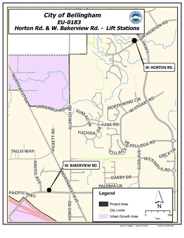 Map showing locations of lift stations. One station is on West Bakerview Road just west of Northwest Avenue. Another station is on West Horton Road just west of Cordata Parkway. Both projects are within city limits.