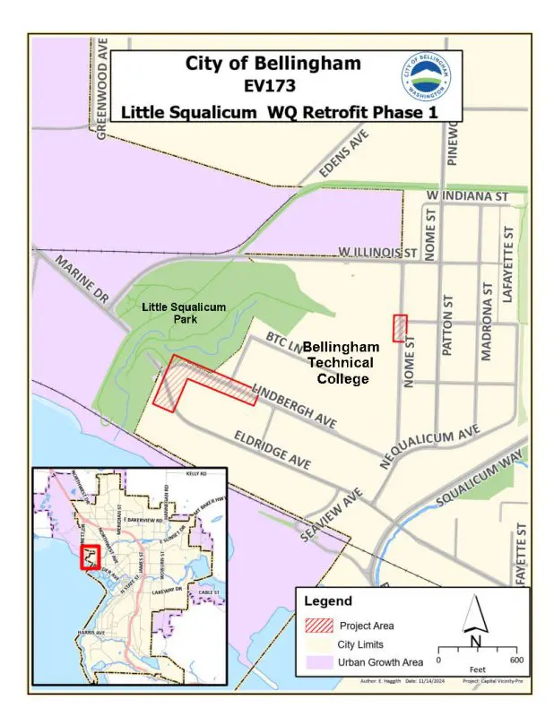 Map showing the EV173 Little Squalicum Water Quality Retrofits project area on Eldridge Avenue, Lindbergh Avenue, and Nome Street.