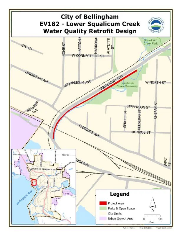 Map showing project area along the lower section of Squalicum Way