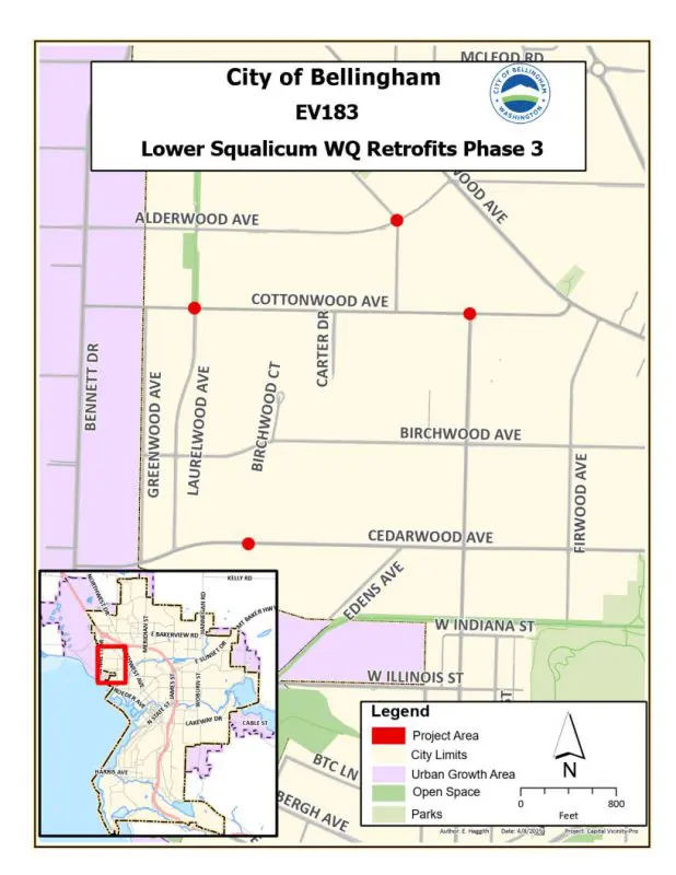 Map showing that this project will be on Alderwood Avenue, Cottonwood Avenue, and Cedarwood Avenue