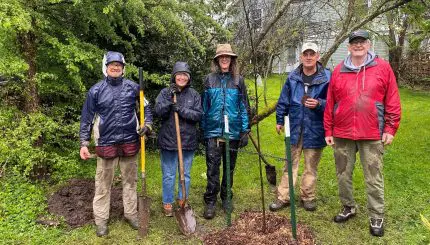 Five people pose with shovels behind a small tree