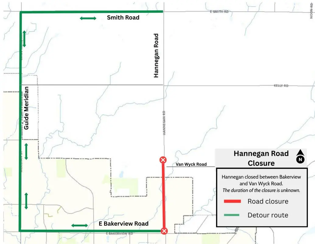 Map showing road closure on Hannegan Road between Van Wyck Road and East Bakerview, with a detour route on Guide Meridian