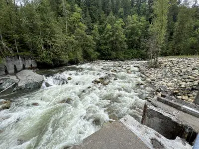 Restored river channel flowing freely through the location of the previous dam. Concrete remnants of the dam can be seen on either side of the river.