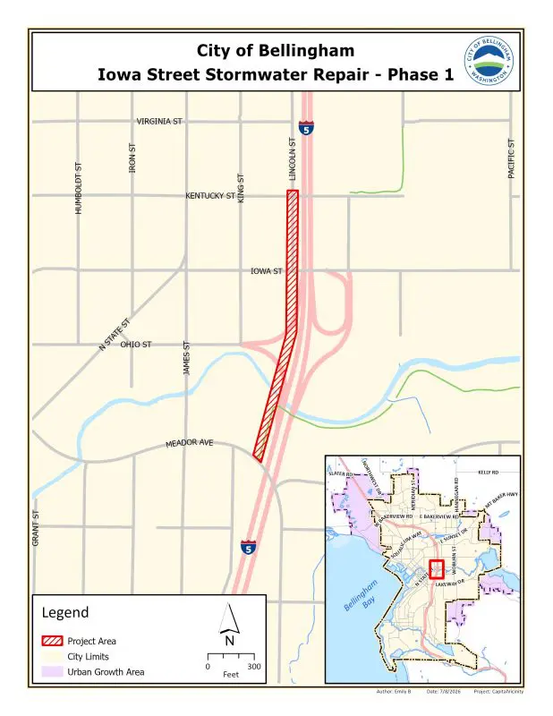 Street map showing line along Lincoln Street where the stormwater line will be replaced