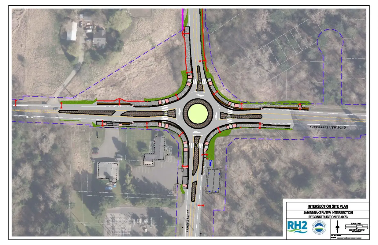 Aerial image of Bakerview and James with overlay of roundabout plan