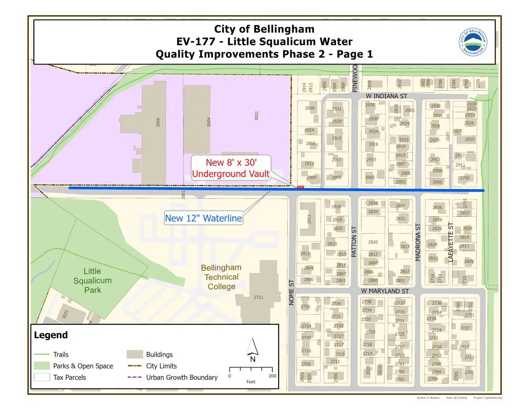 Map showing new 12 inch waterline under the road between Little Squalicum Park and Lafayette Road and new 8 foot by 30 foot underground vault near the corner of Nome Street and West Illinois Street