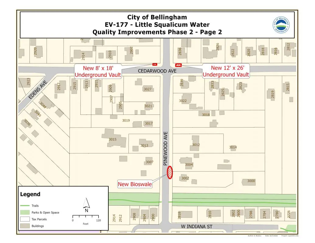 Map showing one new 8 foot by 18 foot and one new 12 foot by 26 foot underground vault and a new bioswale on Pinewood Avenue