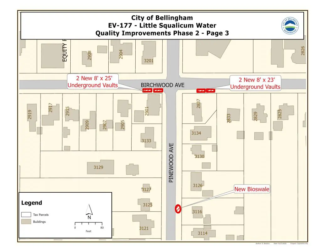 A map showing 2 new 8 foot by 25 foot and 2 new 8 foot by 23 foot underground vaults near the intersection of Birchwood Avenue and Pinewood Avenue and a new bioswale on Pinewood Avenue.