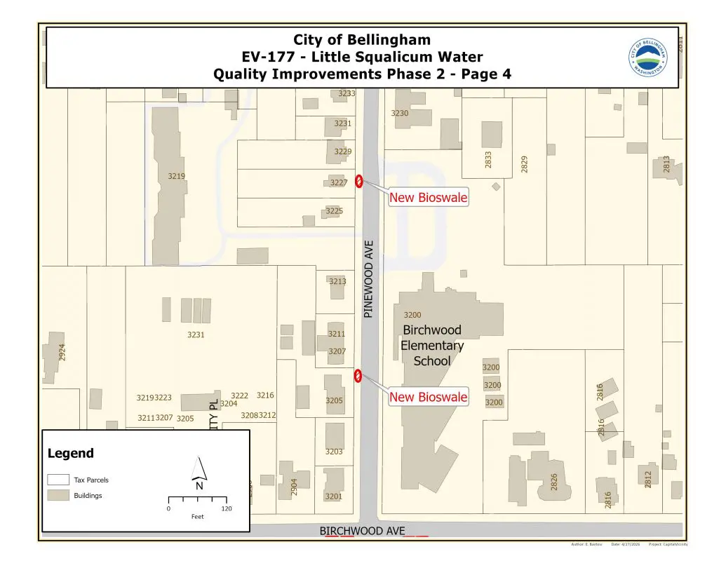 Map showing two new bioswales on Pinewood Avenue near Birchwood Elementary School