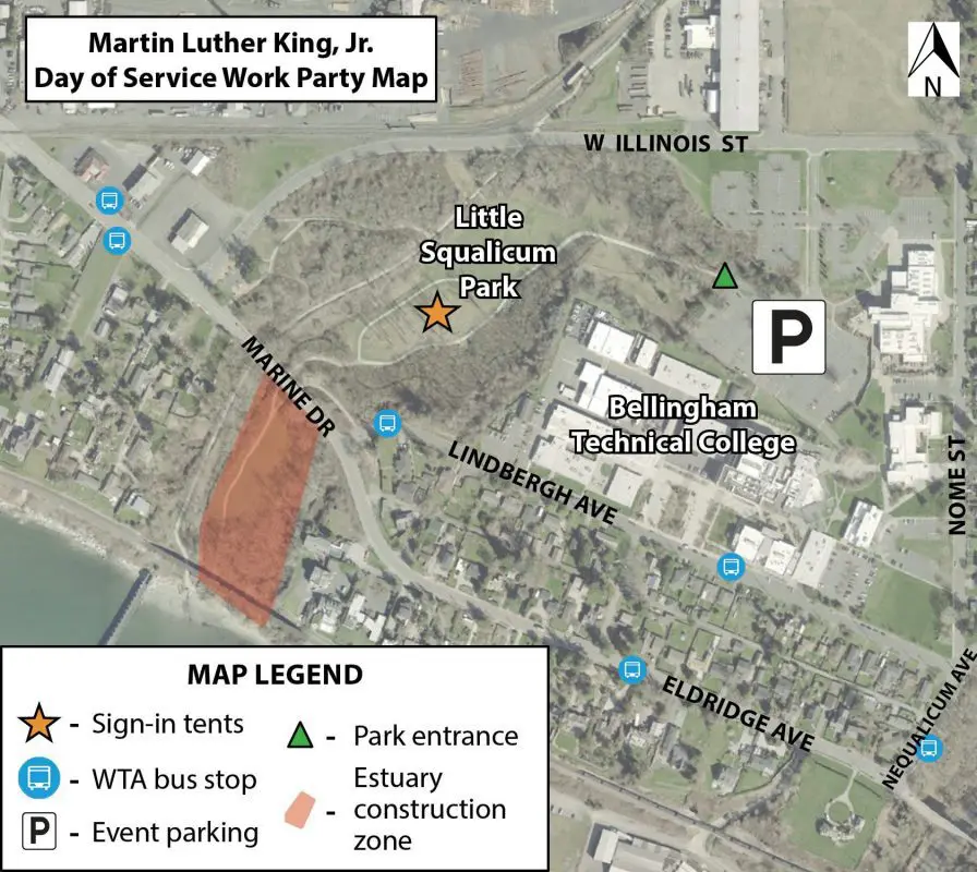 Aerial map of Little Squalicum Park and Bellingham Technical College. Map indicates that parking is available at Bellingham Technical College and the sign-in area is in the middle of the park.