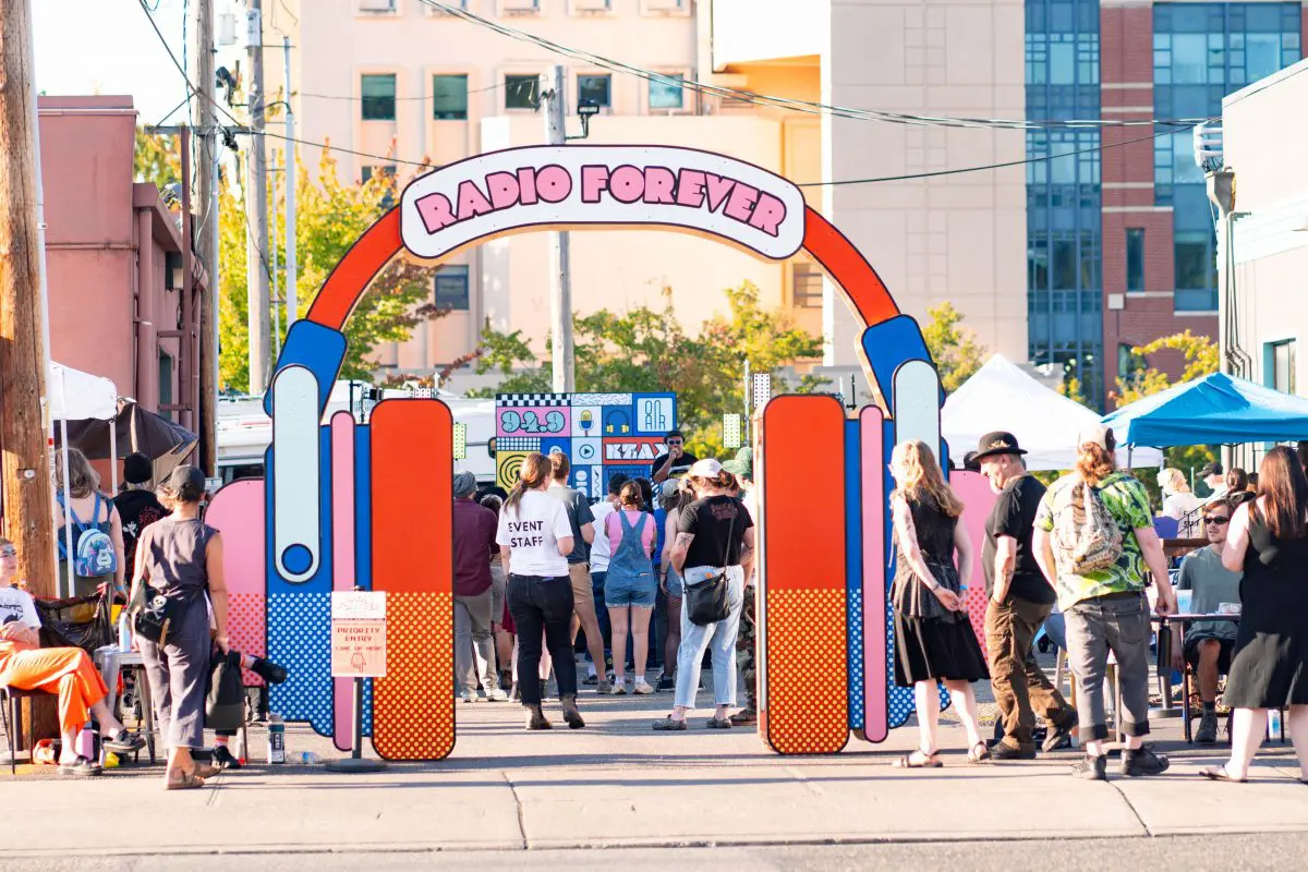 People gathered outside for the Radio Forever event.