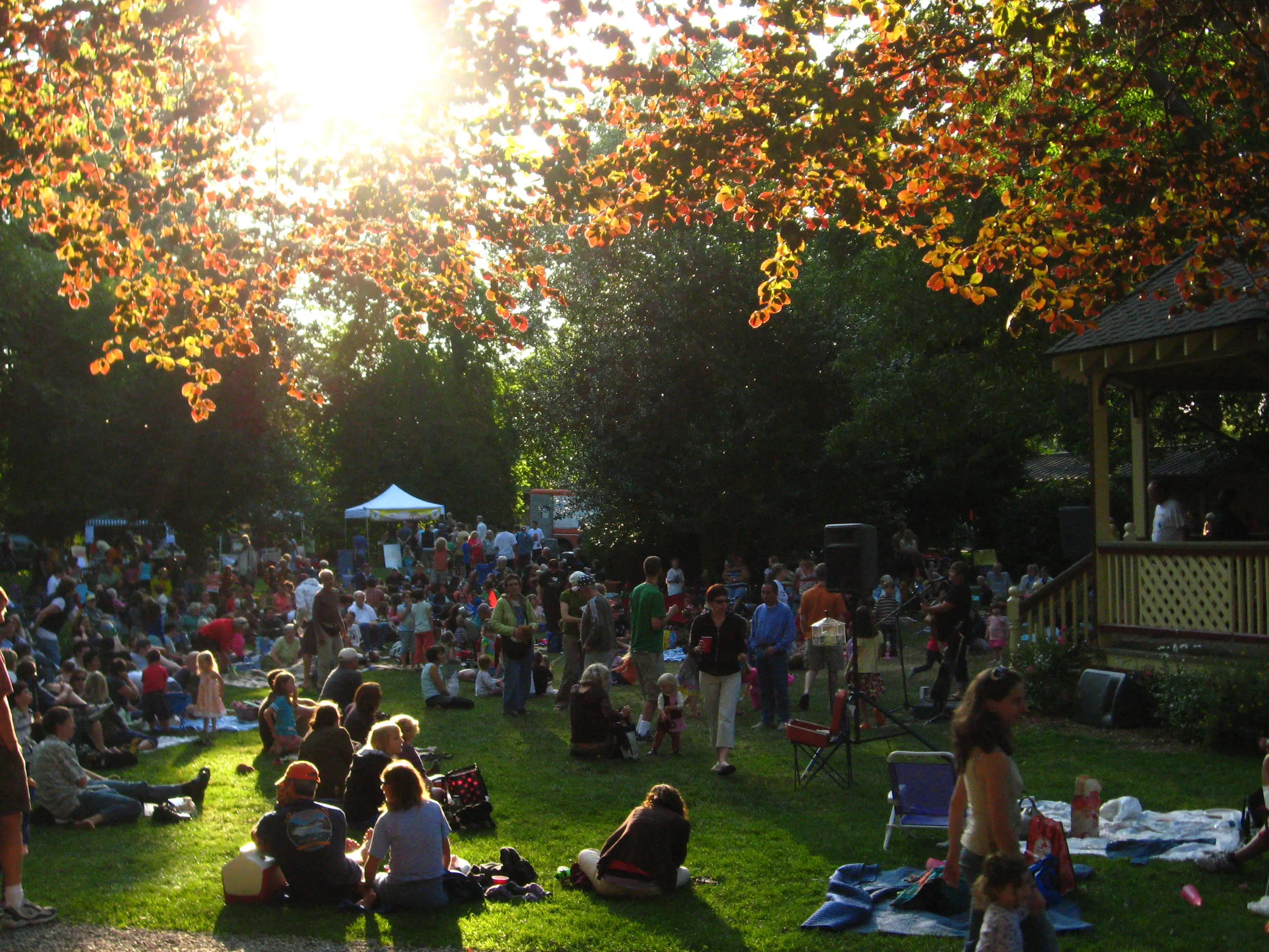 A large crowd gathers on a sunny park lawn to listen to music.