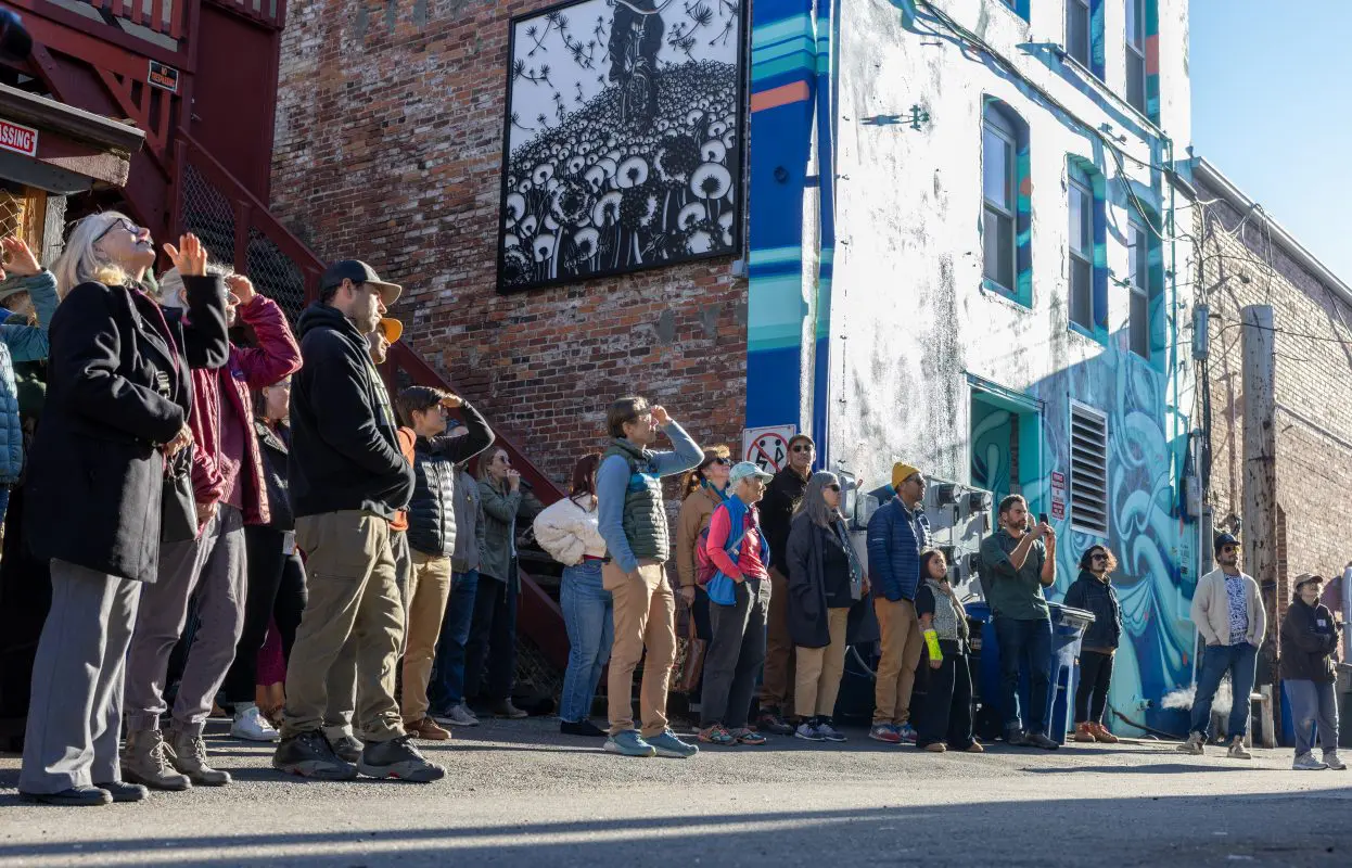 A crowd of people look at murals in an alley