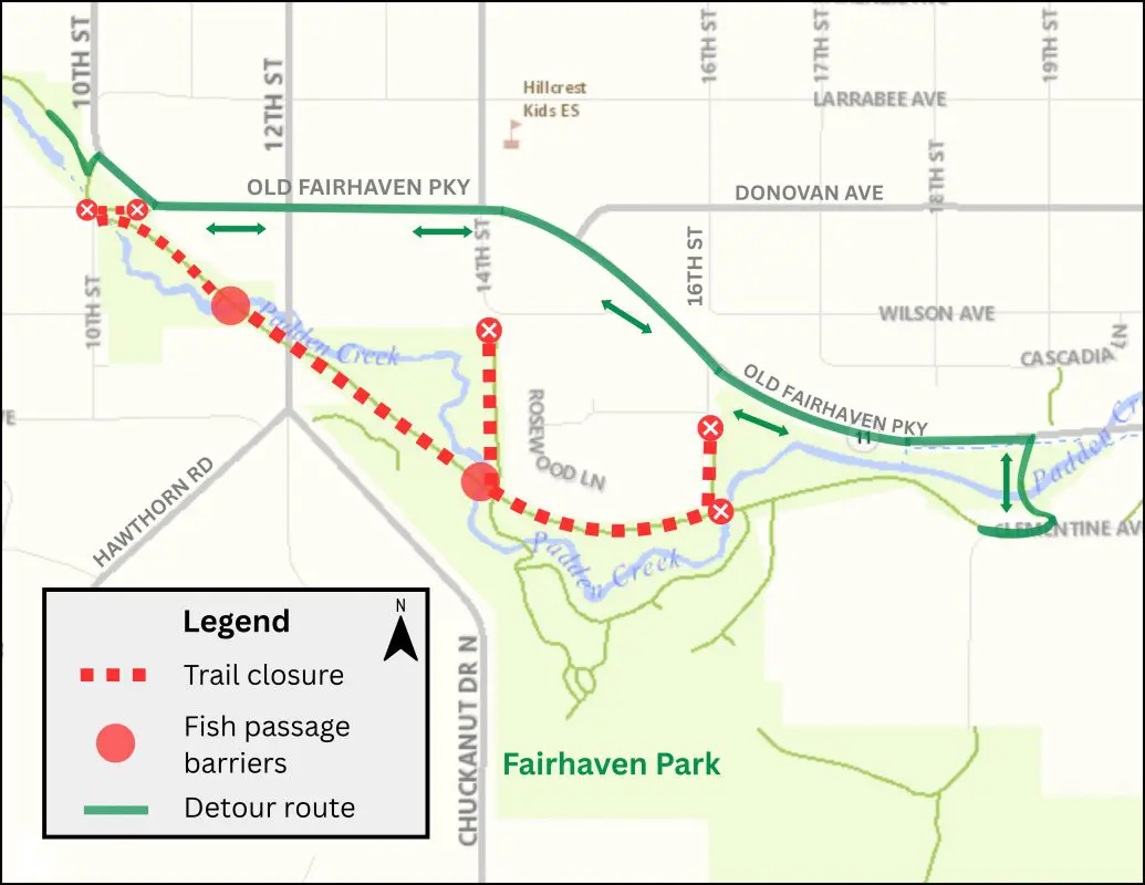 map showing a trail detour around a construction project.