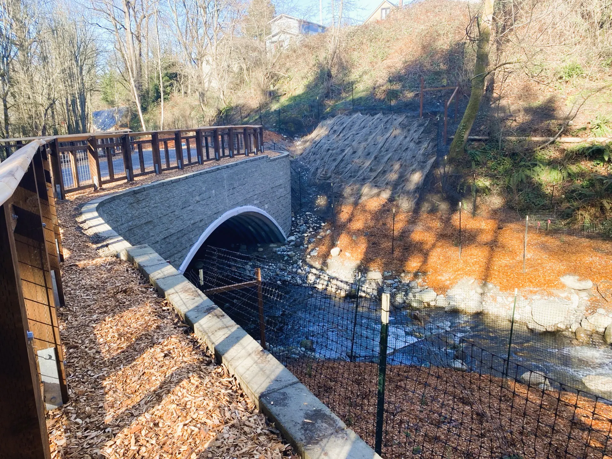 A trail bridge over a stream