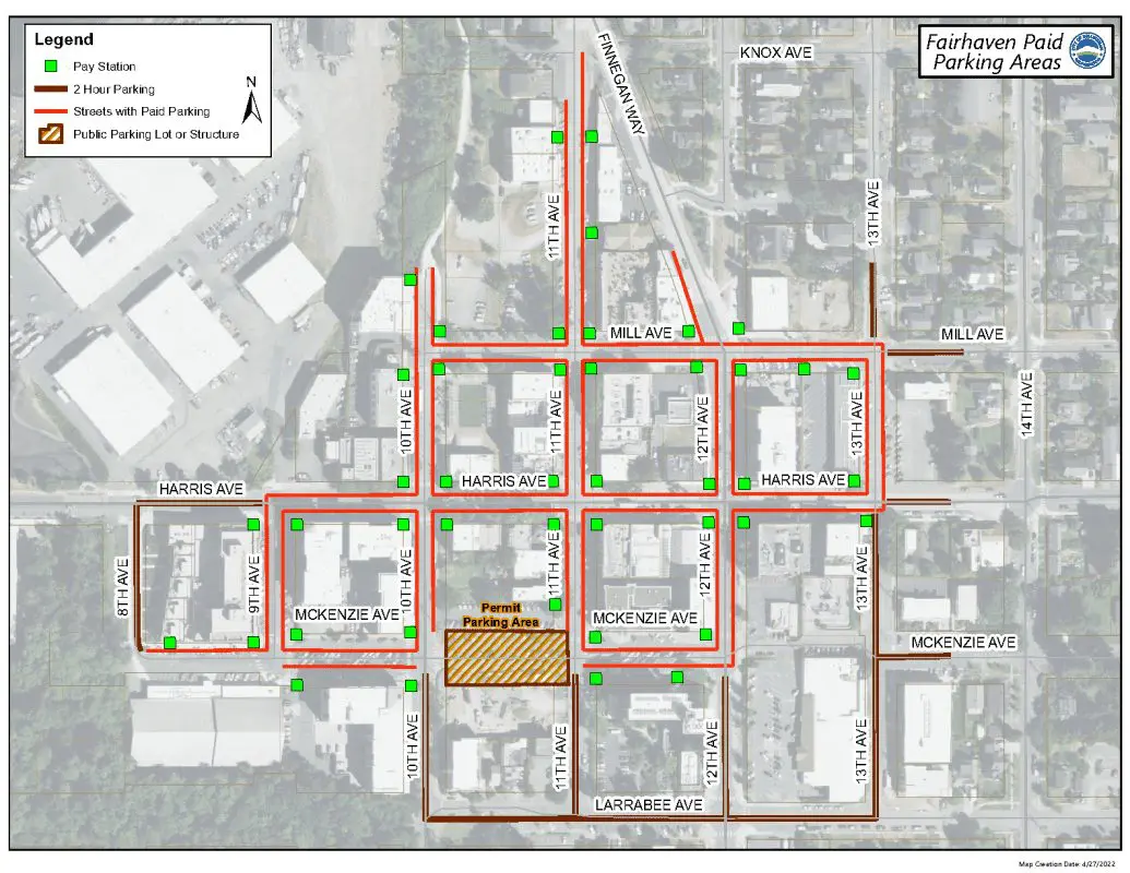 Map of Fairhaven with red lines along the blocks between approximately 8th Street, Mckenzie Ave, Finnegan Way, and 13th Street. One permit parking area on McKenzie Ave.
