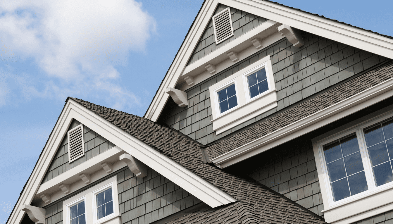 Two peaks of a grey house against a blue sky.