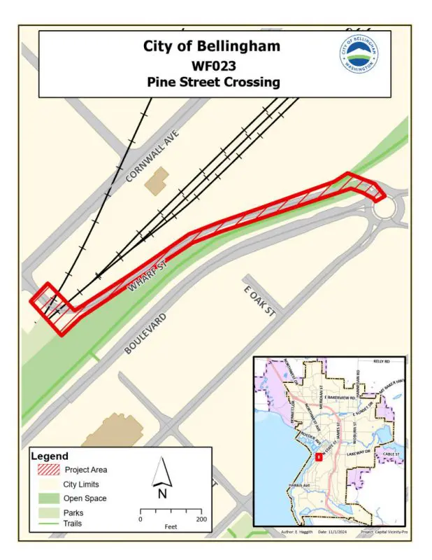 Map showing project area along Wharf Street between Pine Street and Boulevard as well as where the railroad tracks cross Pine Street