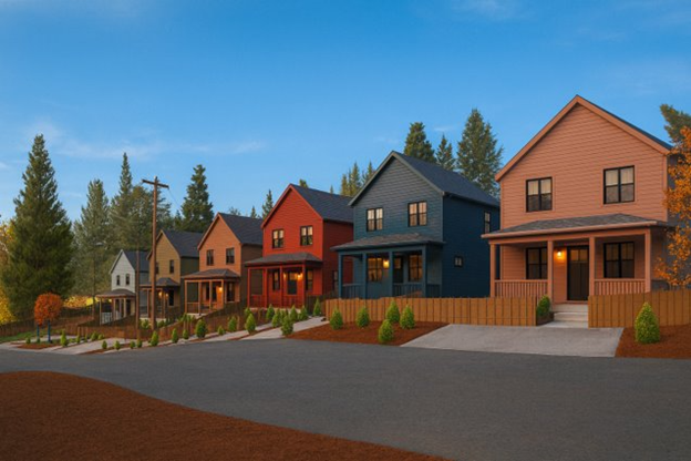 A rendering of six, modestly-sized homes on a residential street