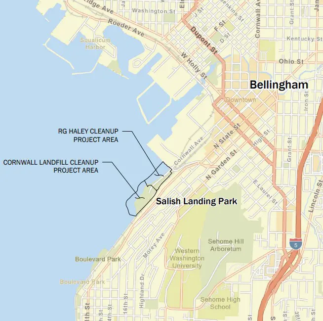 Map showing the RG Haley and Cornwall Landfill cleanup areas on the Bellingham waterfront at the south end of Cornwall Avenue.