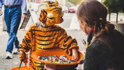 A child in a tiger costume trick-or-treats.
