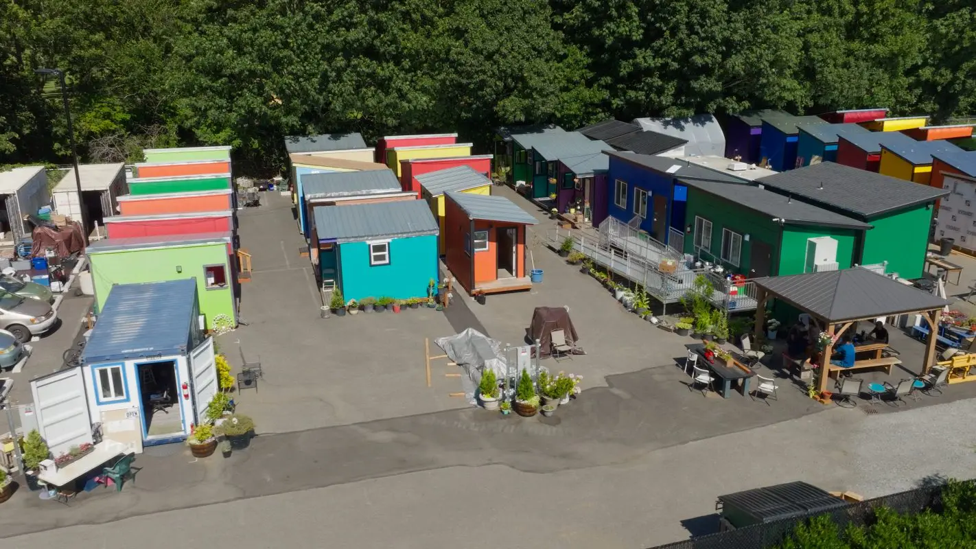 An aerial overview of a tiny house village