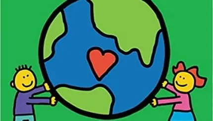 Book cover for The Earth Book by Todd Parr. Cartoon image of two children holding up planet Earth with a heart on it.
