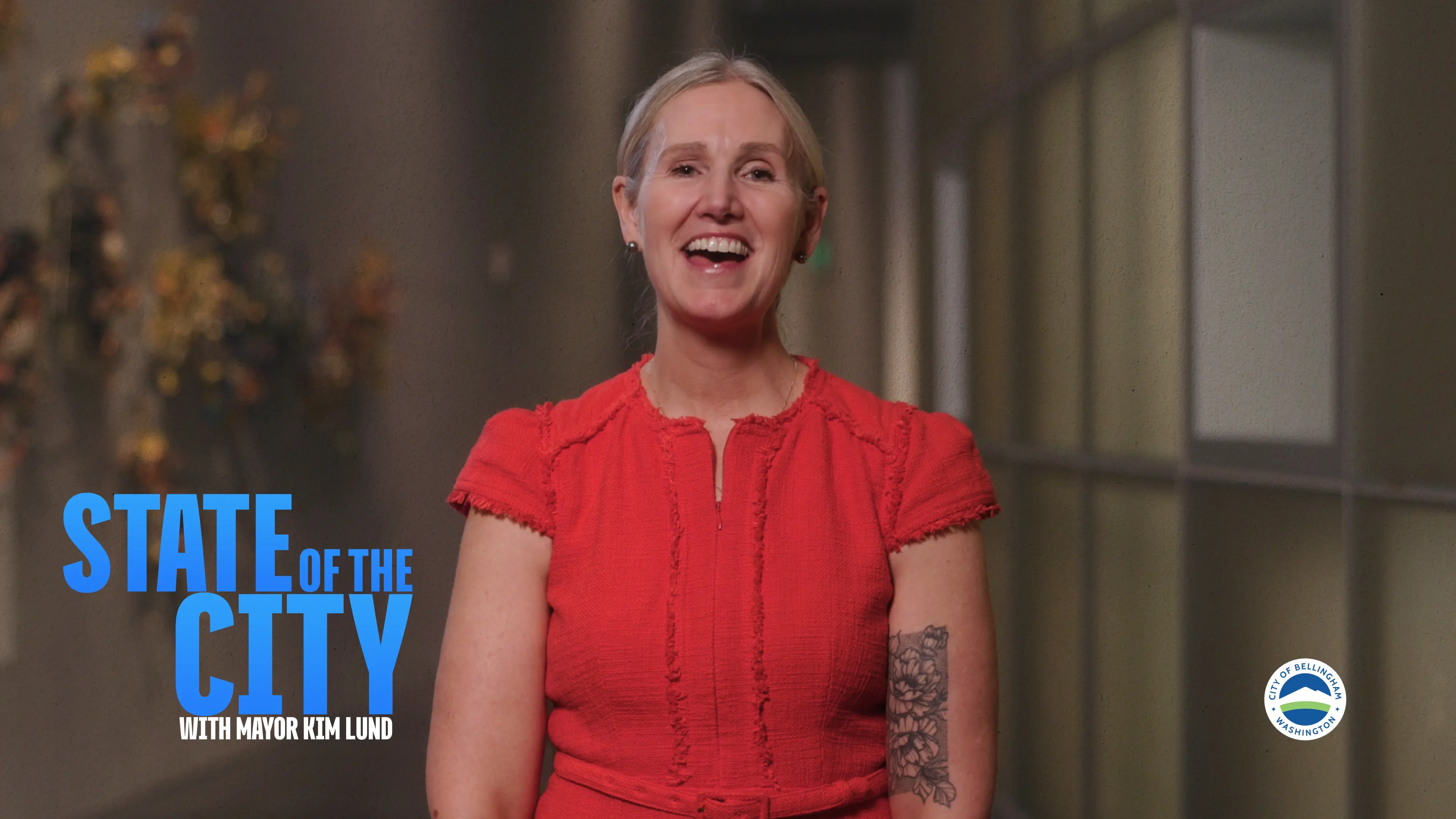 Mayor Kim Lund speaks to the camera. Text on screen says State of the City with Mayor Kim Lund.