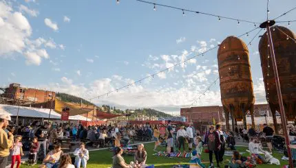 Families play on a beer garden lawn