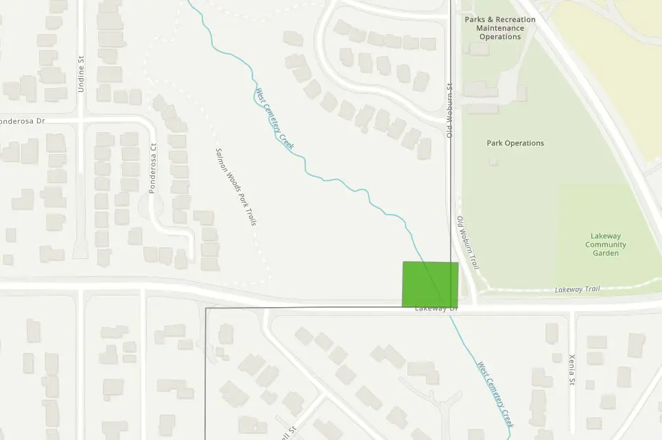 Project area highlighted in green at section of West Cemetery Creek near where Lakeway Drive and Old Woburn intersect 