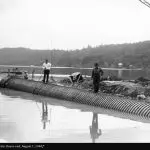 Crews installing the raw water intake pipe at Lake Whatcom in 1940.