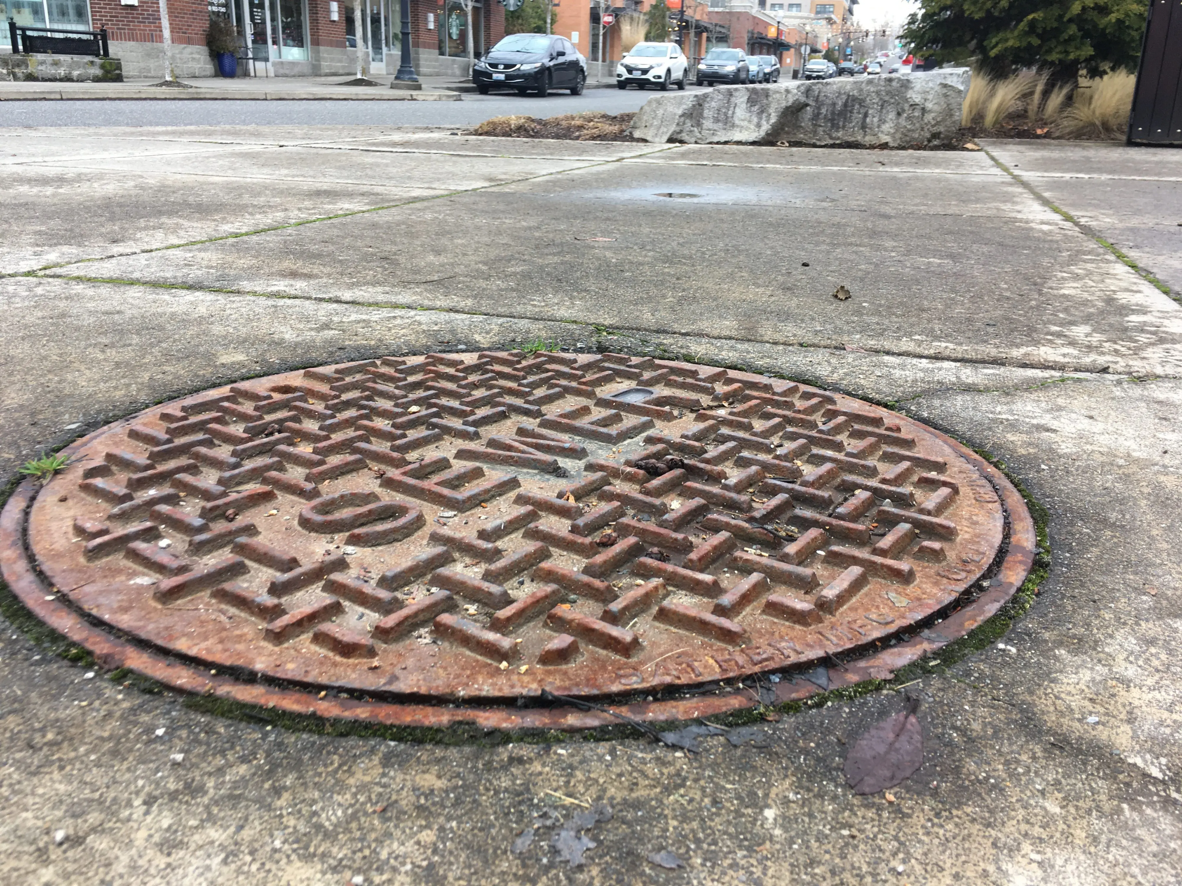 close-up metal sewer cover on Woburn Street