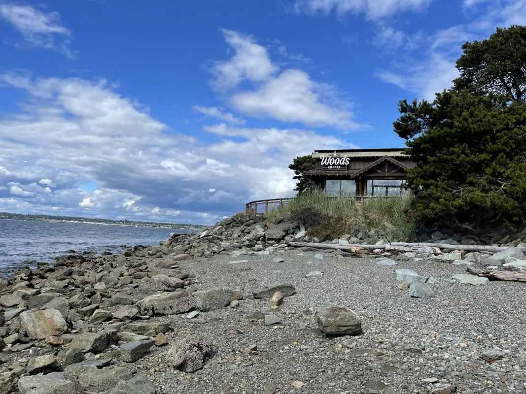 A beach with a coffee shop in the background