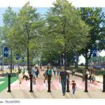 A rendering of people on a tree-lined promenade