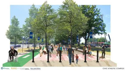 A rendering of people on a tree-lined promenade