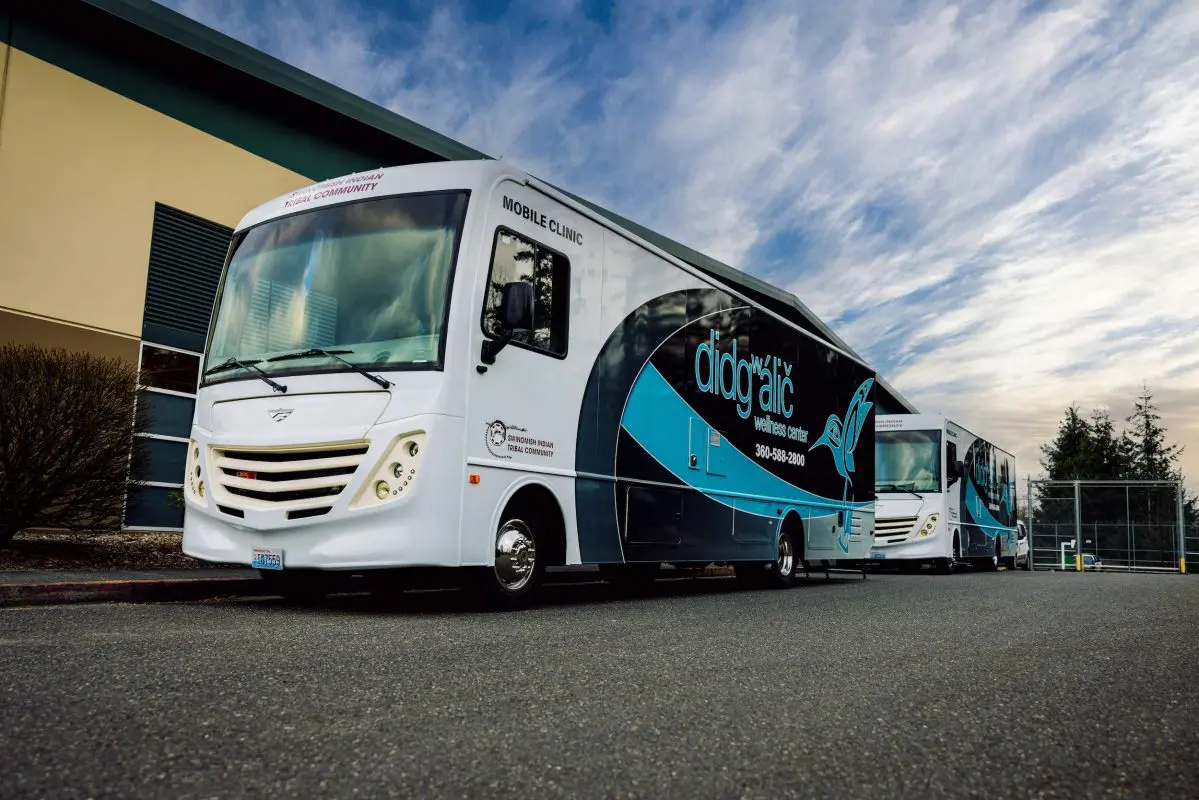 A large white, black, and blue bus 