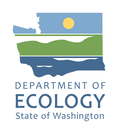 Department of Ecology logo. An outline of Washington state with a yellow sun, blue sky, green mountain range, and dark blue water.